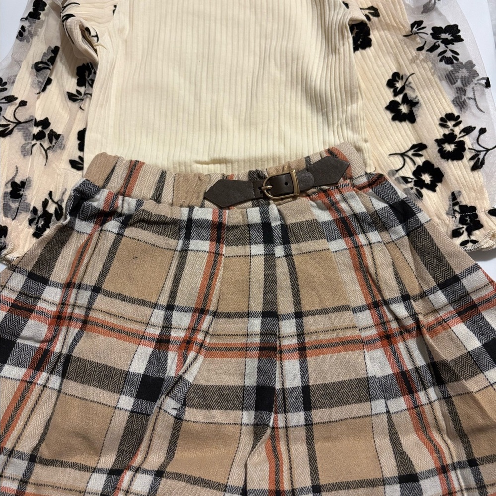 Plaid Skirt with Belt and Floral Sleeve Top